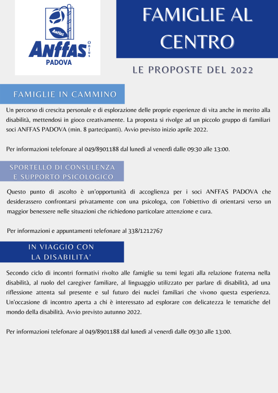 ANFFAS PADOVA: LE PROPOSTE DEL 2022